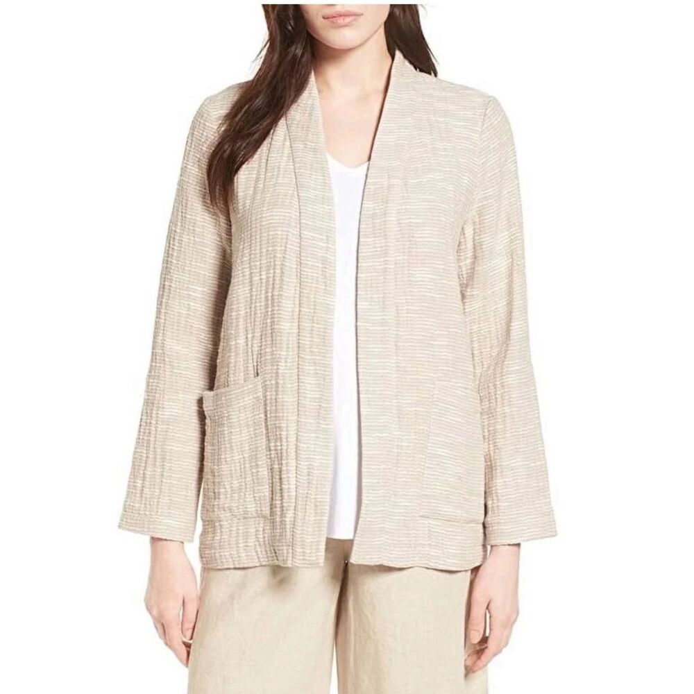 Eileen Fisher Neutral Beige Open-Front Cotton Kimono Jacket Textured size XS